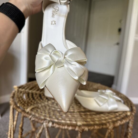 Satin Pointed Toe Bow Bridal Shoe Ankle Strap Block Heel Pelino EU 40 Greece - Picture 13 of 15